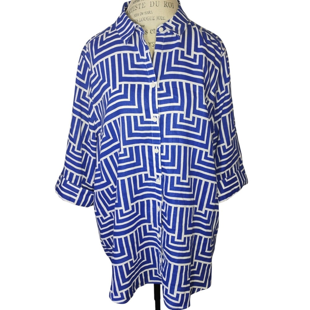 Chico's Linen Shirt Sz 4 XXL Blue White Geometric No Iron Art To Wear 3/4 Sleeve
